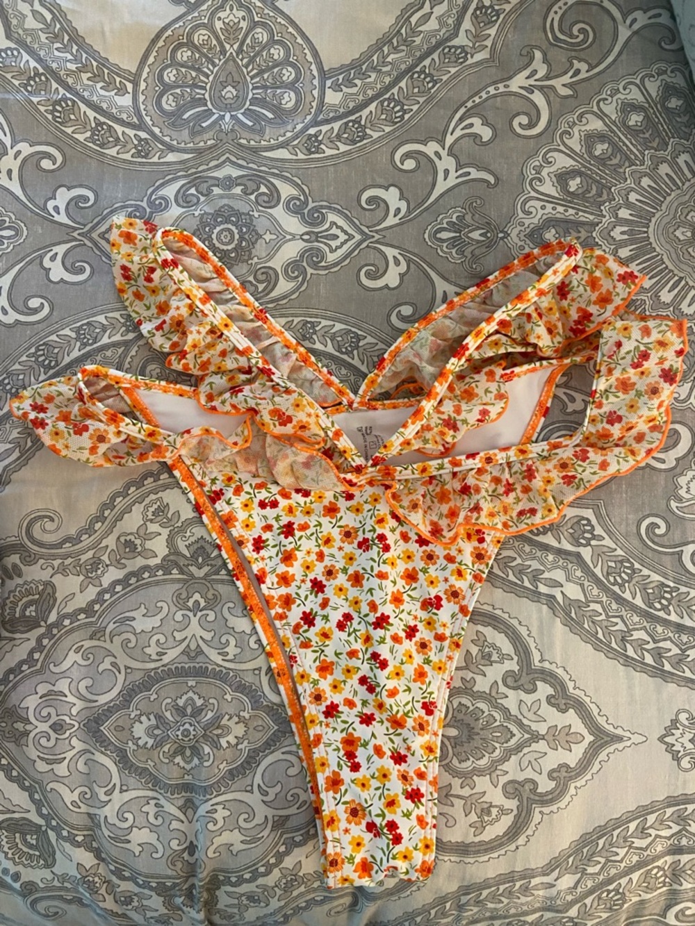 Floral Ruffle String Bikini Top - Orange Multi - Picture 5 of 5